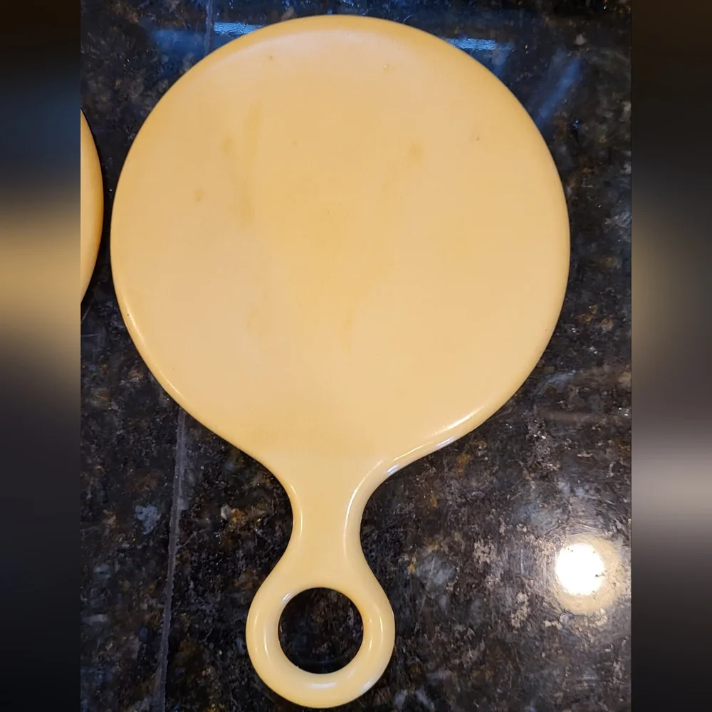 Pair of Antique Round Handled Cream Celluloid Vanity Hand Mirrors